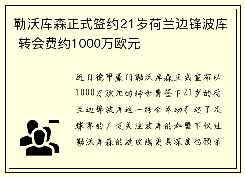 勒沃库森正式签约21岁荷兰边锋波库 转会费约1000万欧元